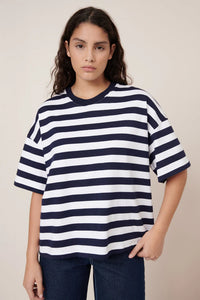 Oversized Boxy Tee | Navy White Stripe